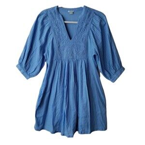Sundance Embroidered Boho Peasant V-neck Blue Top 3/4 Sleeve Tunic Women's PS